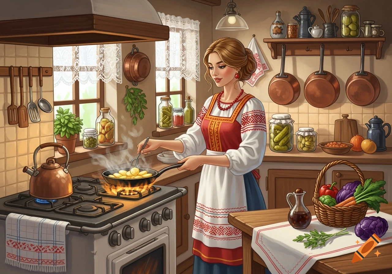 A woman in traditional attire fries potatoes on a stove in a cozy, rustic kitchen filled with jars and copper pots.