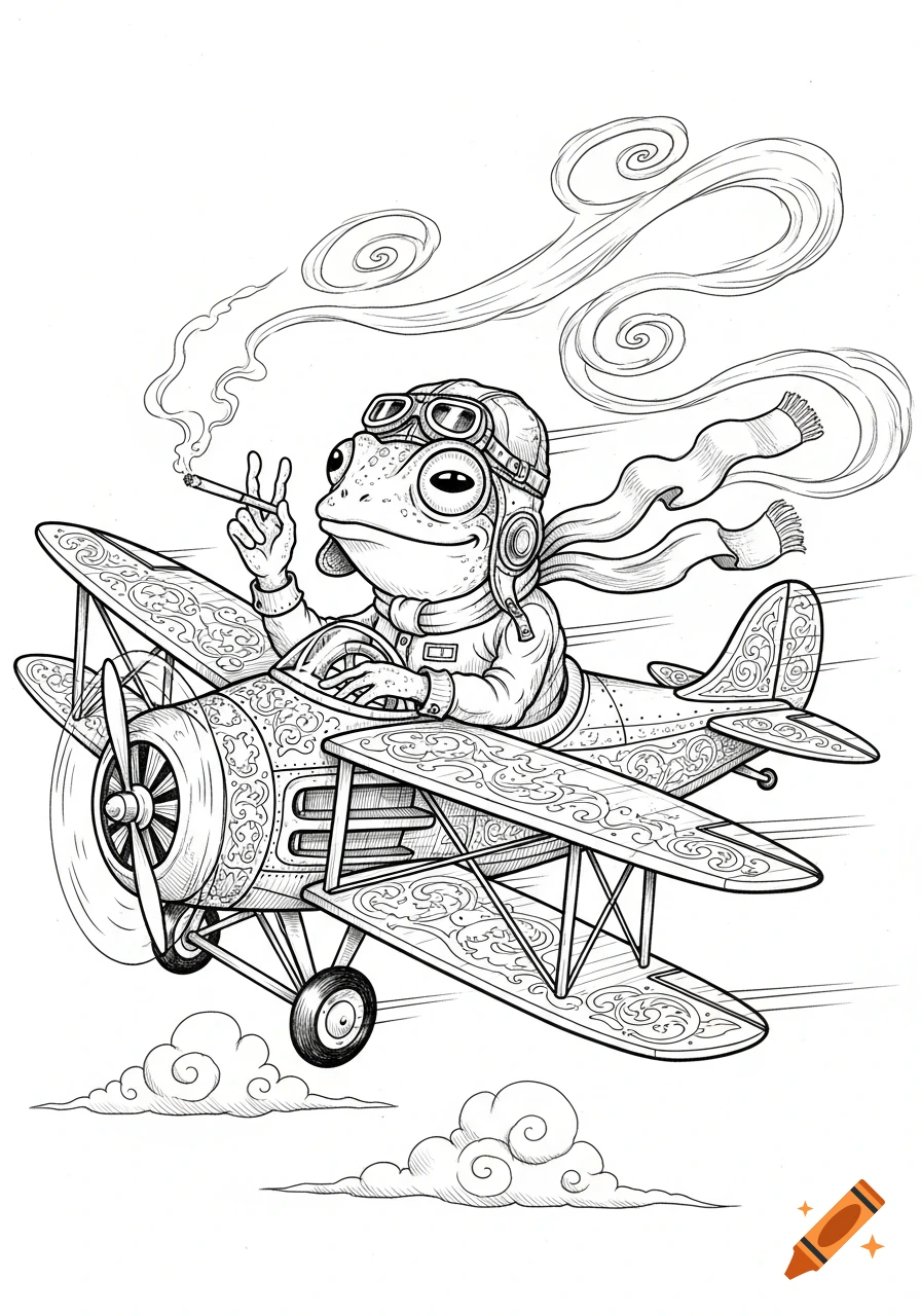 Detailed line art of a frog pilot wearing goggles and a scarf, flying a vintage biplane, smoking a cigarette, and flashing a peace sign.