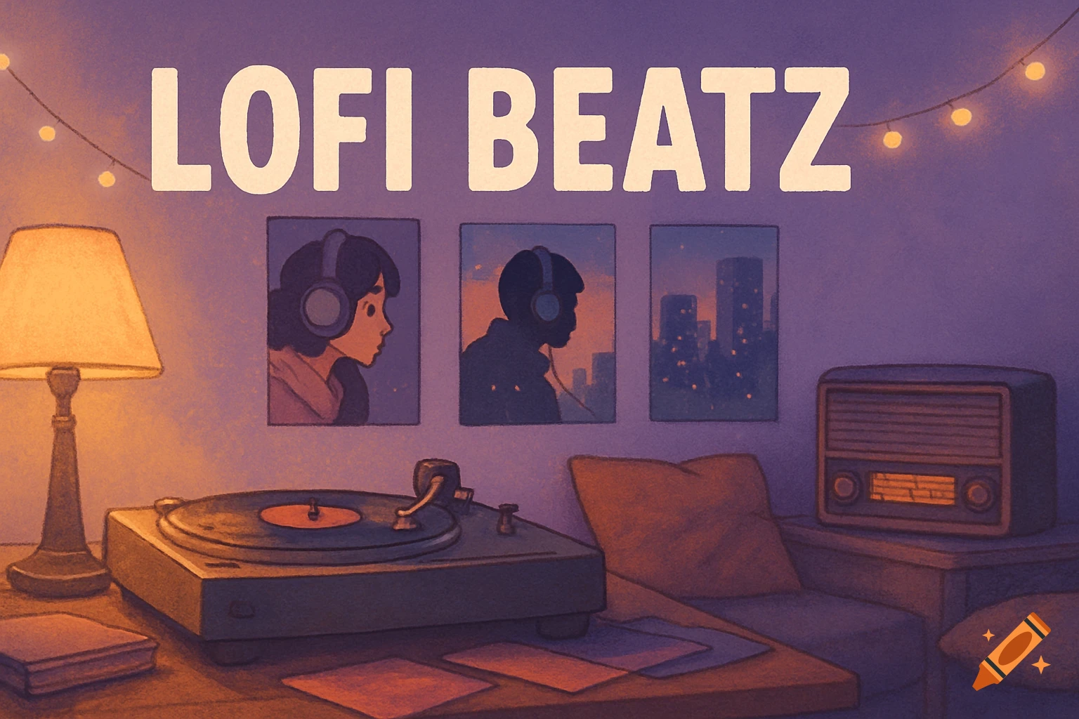 A cozy lofi illustration of a room with "LOFI BEATZ" text, a record player, radio, and framed art.
