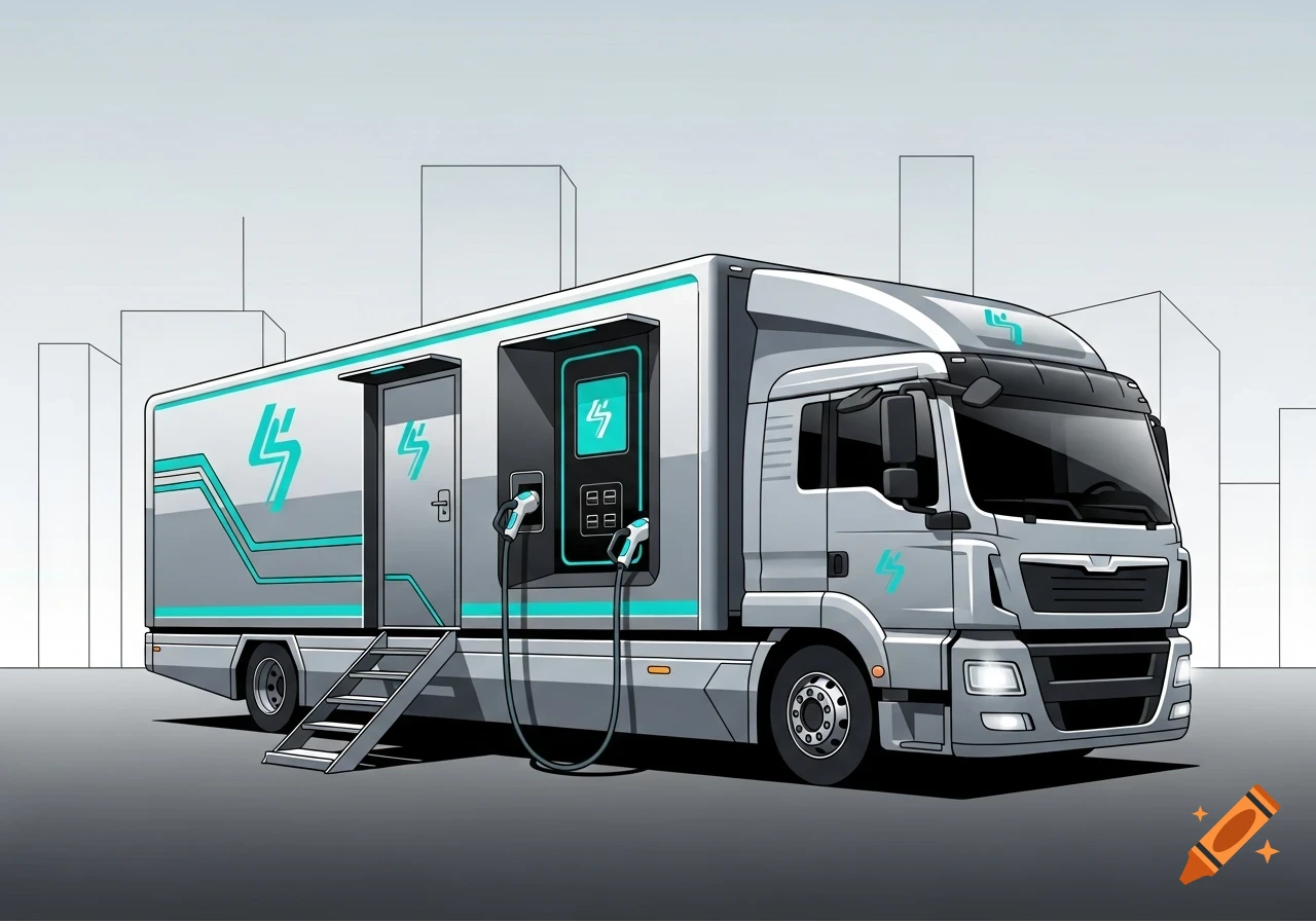 A stylized illustration of a grey semi-truck with a mobile electric vehicle charging station trailer, featuring light blue accents and a lightning bolt logo.