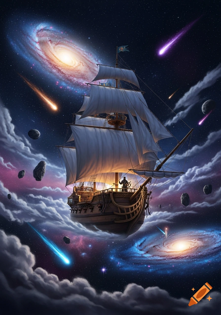A majestic pirate ship with white sails floats through a vibrant galaxy filled with stars, colorful nebulae, meteors, and celestial bodies, surrounded by cosmic clouds.