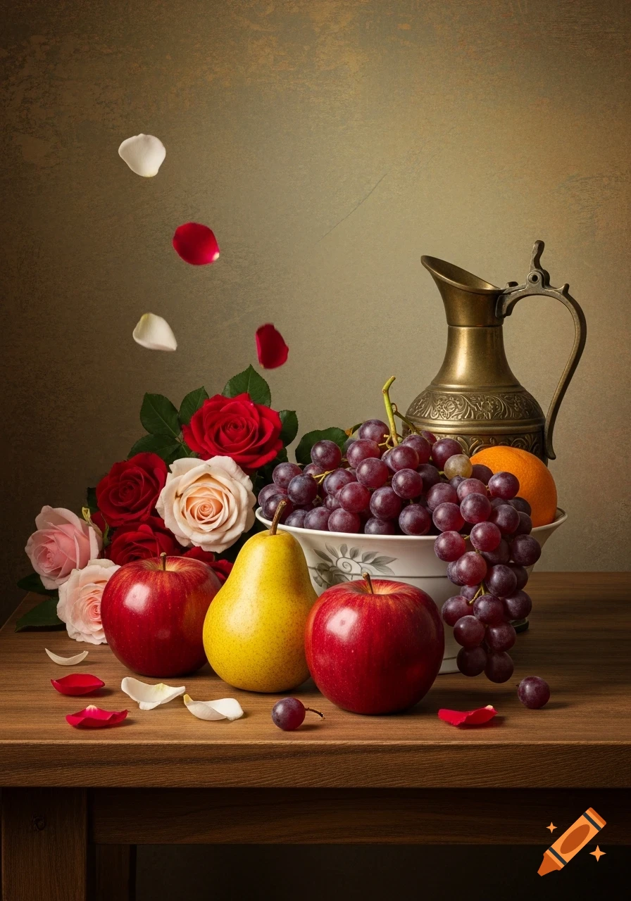 Vibrant still life of red and pink roses, apples, a pear, grapes, and an antique brass pitcher on a wooden table, with falling petals.