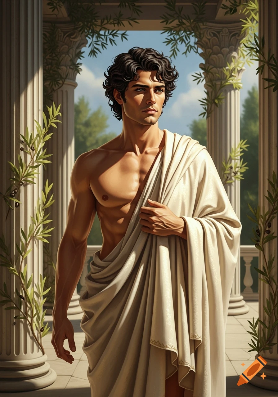 Handsome Greek man with curly hair and toga standing among classical columns and olive branches.