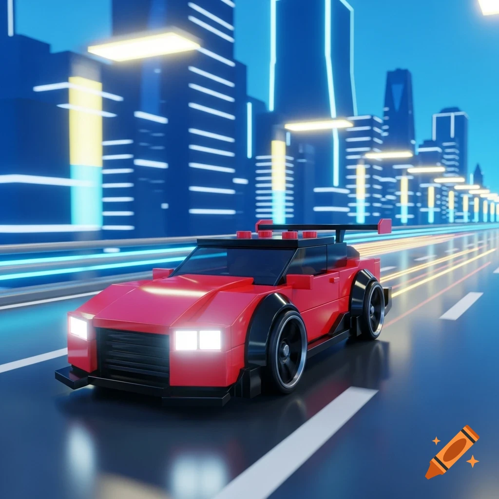 A red blocky sports car drives on a futuristic road through a city with glowing blue and yellow lights.