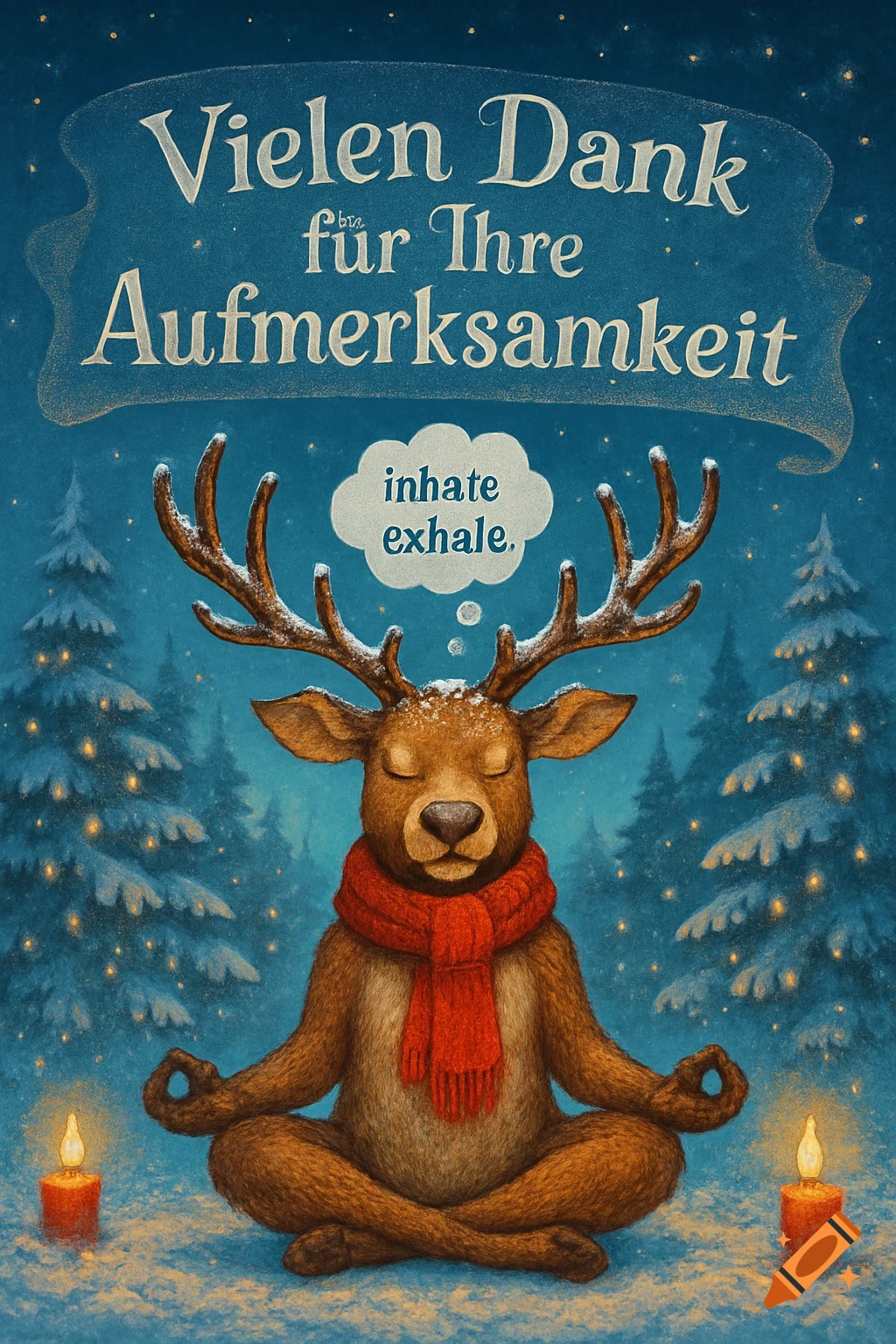 Cartoon deer in red scarf meditating in snowy forest with candles. Text: 'Vielen Dank f Gere Aufmerksamkeit' and 'inhale exhale'.