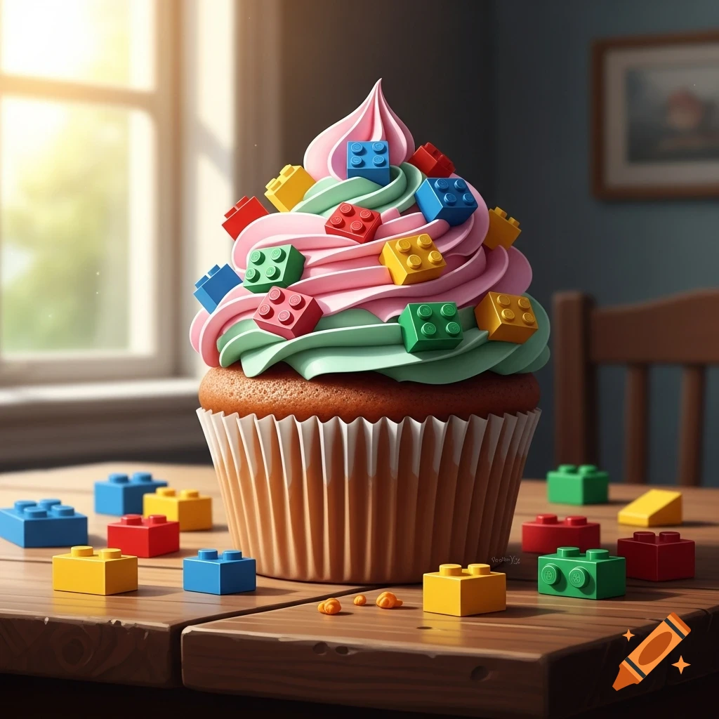 A photorealistic cupcake with pink and green frosting, adorned with colorful Lego bricks, sits on a wooden table in a sunlit room.