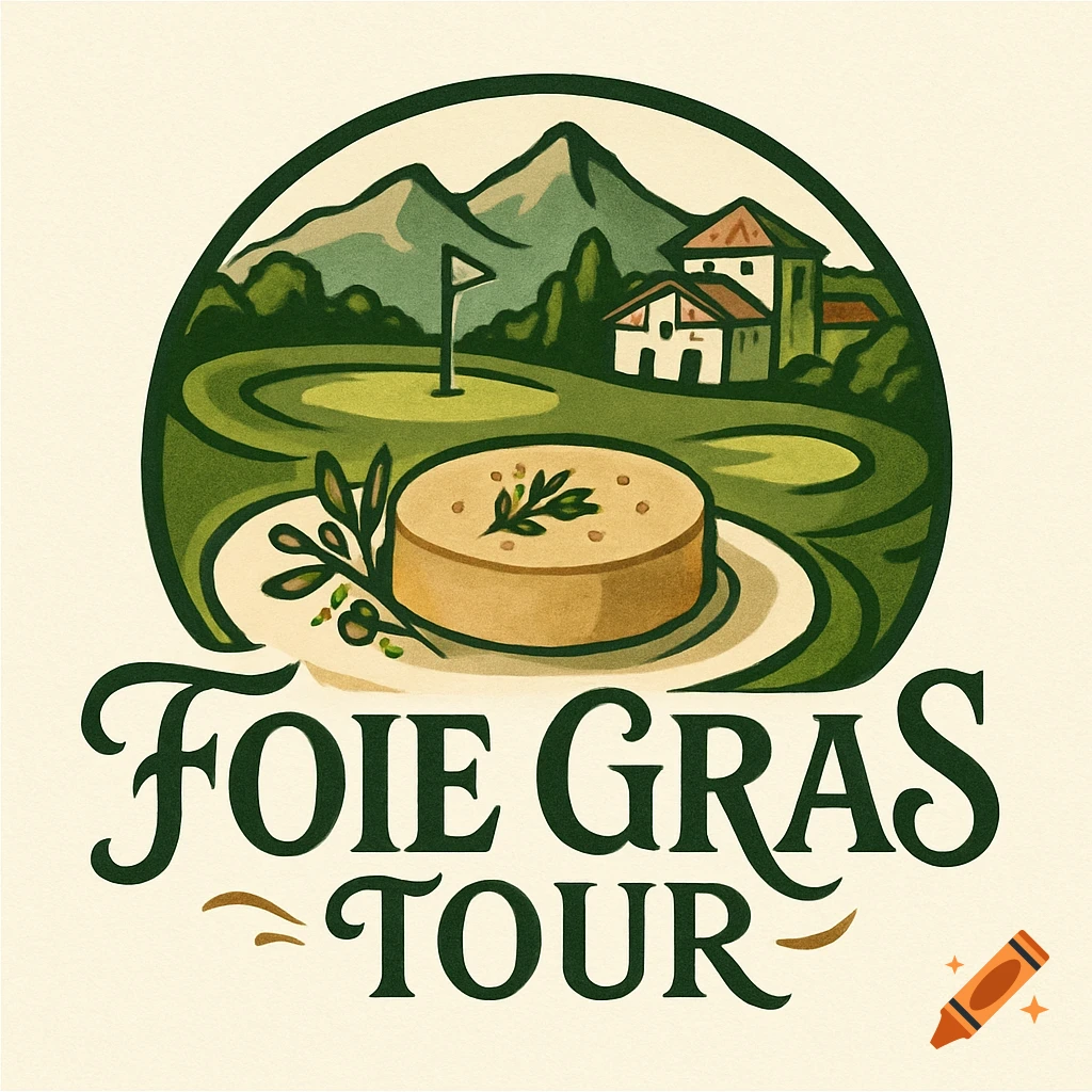 A rustic logo for 'FOIE GRAS TOUR' with a golf course, mountains, a house, and a dish of foie gras.