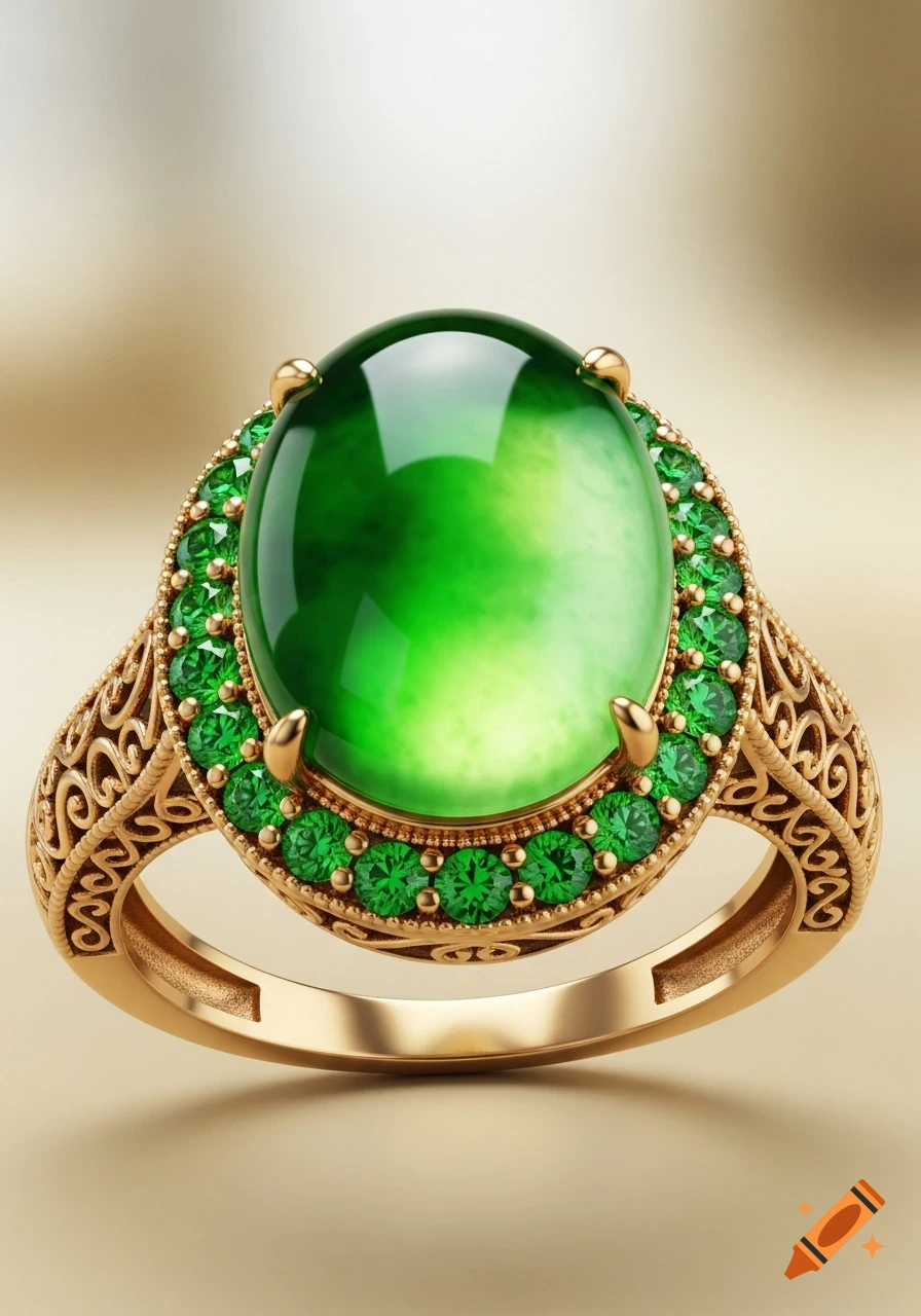 A gold ring featuring a large, oval-shaped jade gemstone surrounded by smaller emeralds on a gold background.