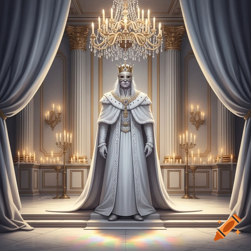An imposing king in a white robe, crown, and mask stands in a grand, candlelit hall with columns and a chandelier.