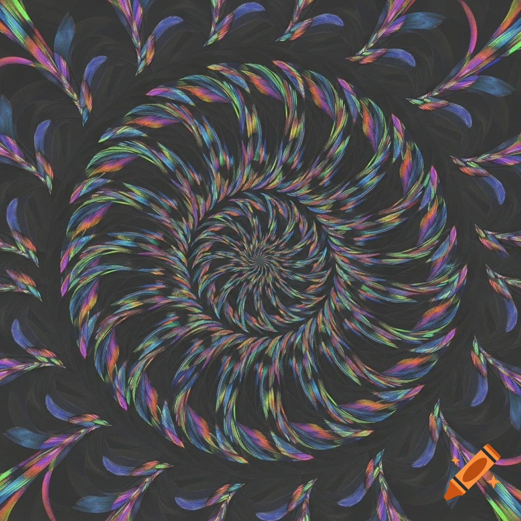 A vibrant, swirling abstract spiral pattern made of colorful, feather-like shapes against a dark background.