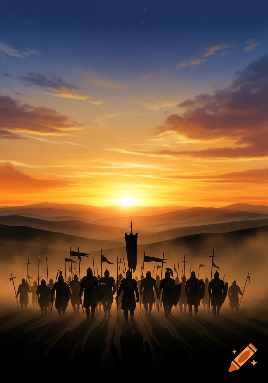 Silhouetted army of warriors with spears and banners marching across a misty landscape towards a bright sunset.