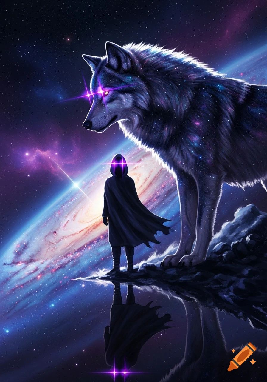 A hooded figure and a large, glowing-eyed wolf stand on a rocky ledge, overlooking a vibrant galaxy.