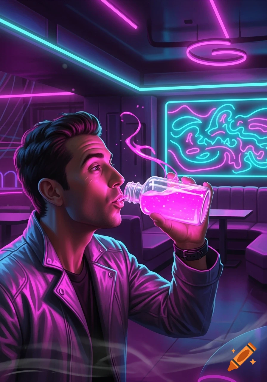 Man drinks glowing pink liquid from a bottle in a neon-lit bar.