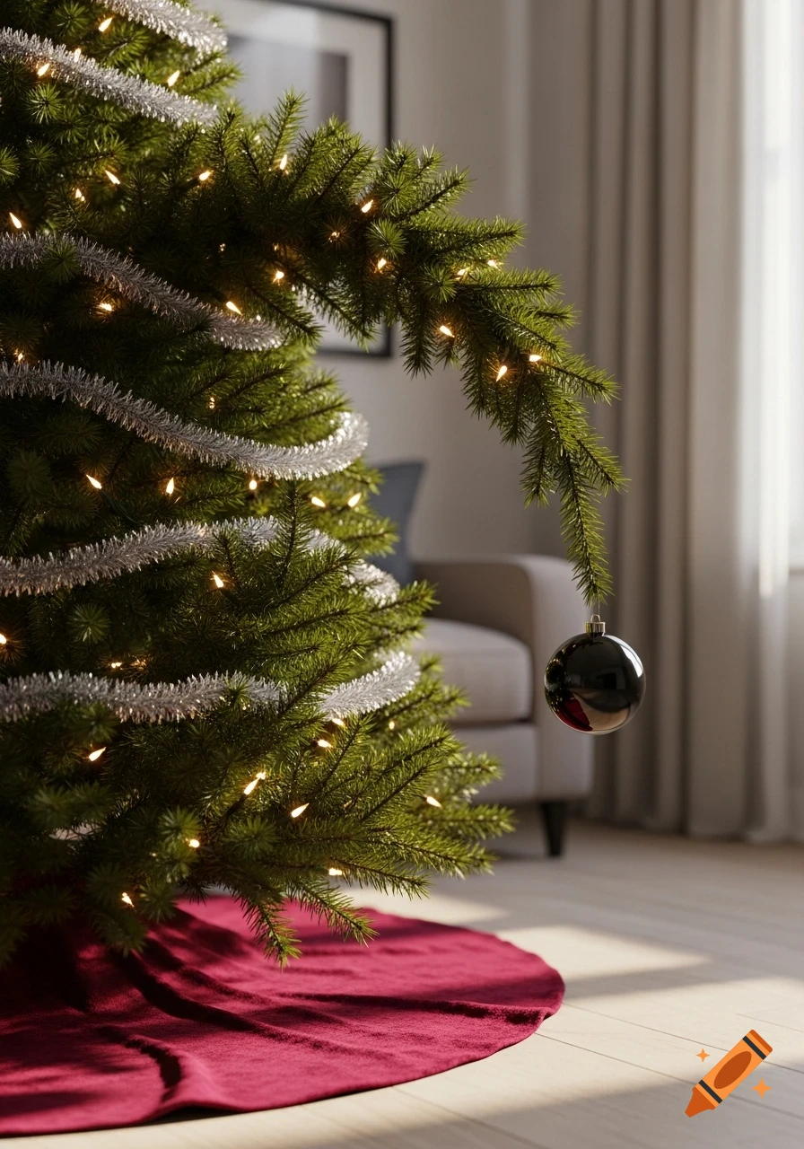 A photorealistic Christmas tree decorated with silver tinsel, warm lights, and a black ornament, with a red tree skirt on a wooden floor in a living room.