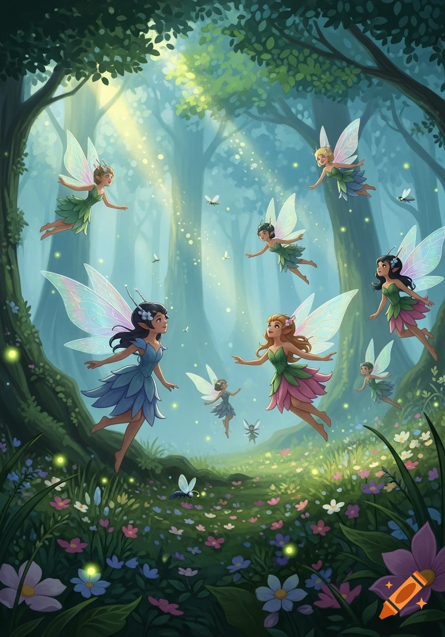Multiple cartoonish fairies with colorful wings fly and interact in a bright, magical forest filled with glowing flowers and sunbeams.