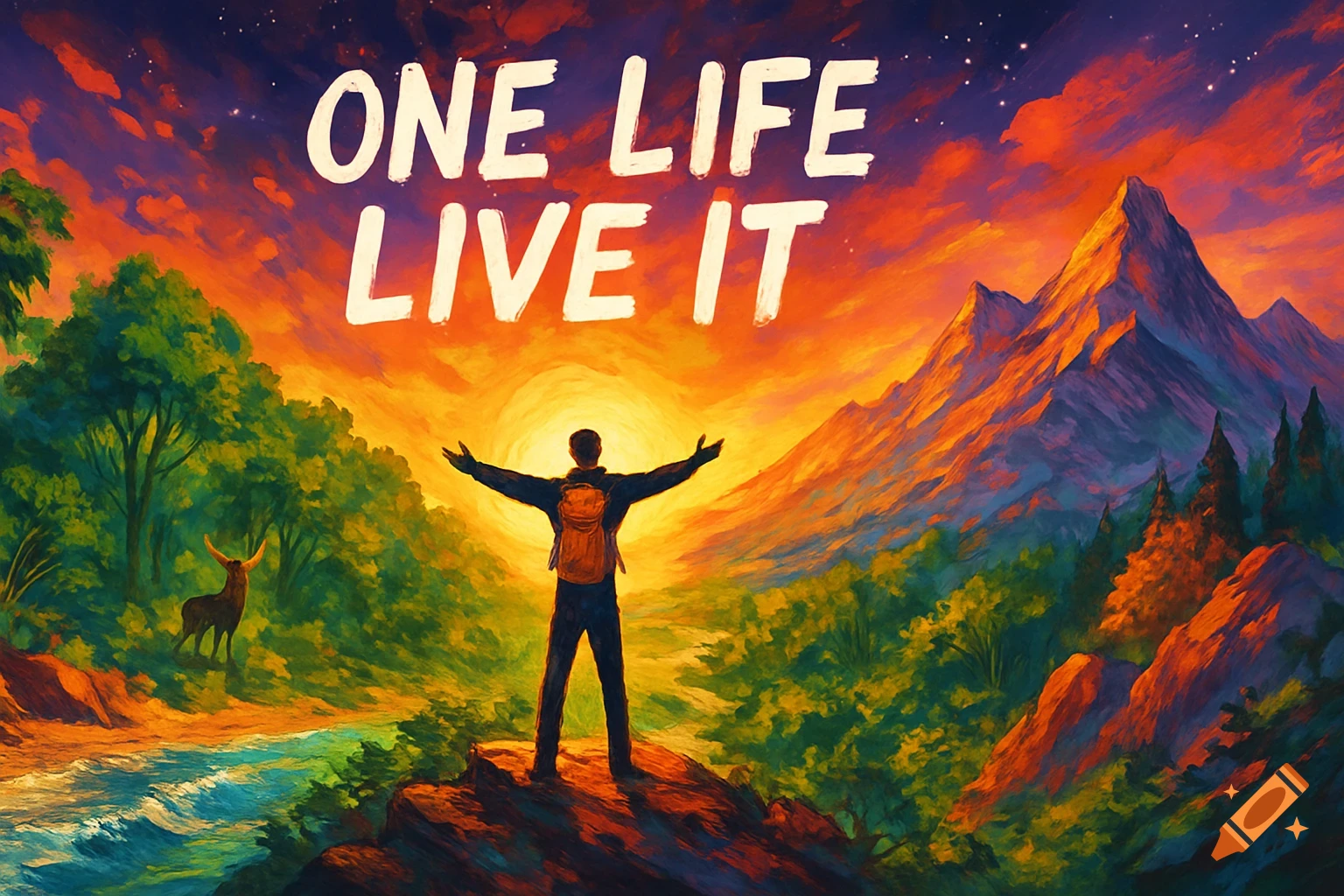 Person with outstretched arms on a rock overlooks a vibrant sunset landscape with mountains, trees, river, and a deer, with 'ONE LIFE LIVE IT' text, painterly style.