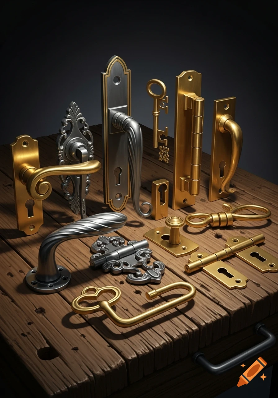 An assortment of antique brass and silver door hardware, keys, and hinges displayed on a rustic wooden table.