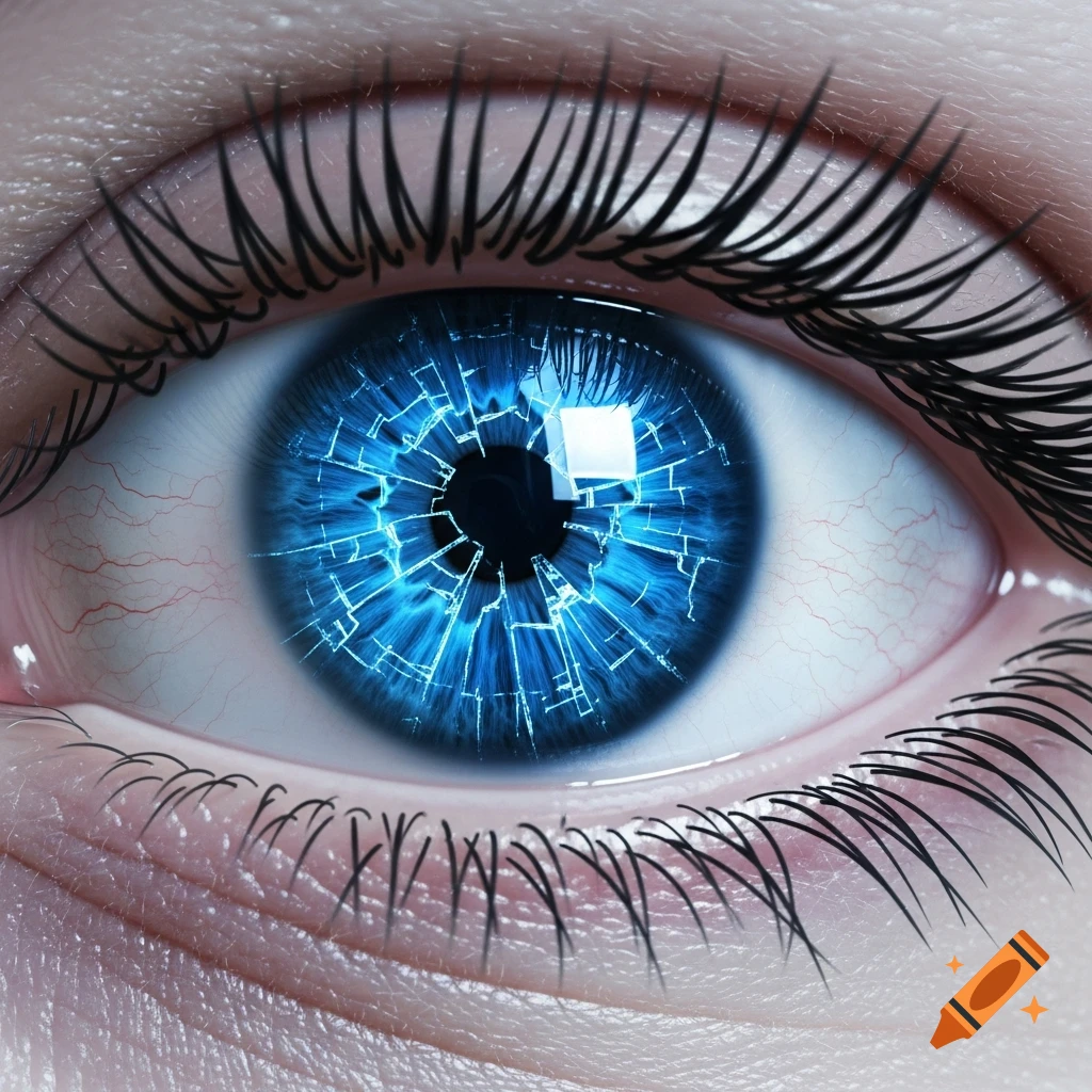 Extreme close-up of a human eye with a bright blue iris appearing like cracked glass and glowing.