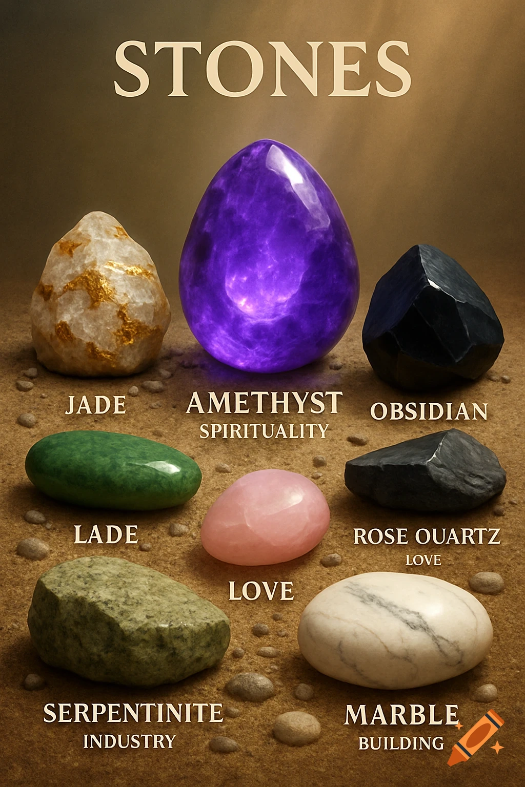 A poster featuring various polished and raw stones like Amethyst, Jade, Obsidian, Rose Quartz, Serpentine, and Marble, with labels and uses.