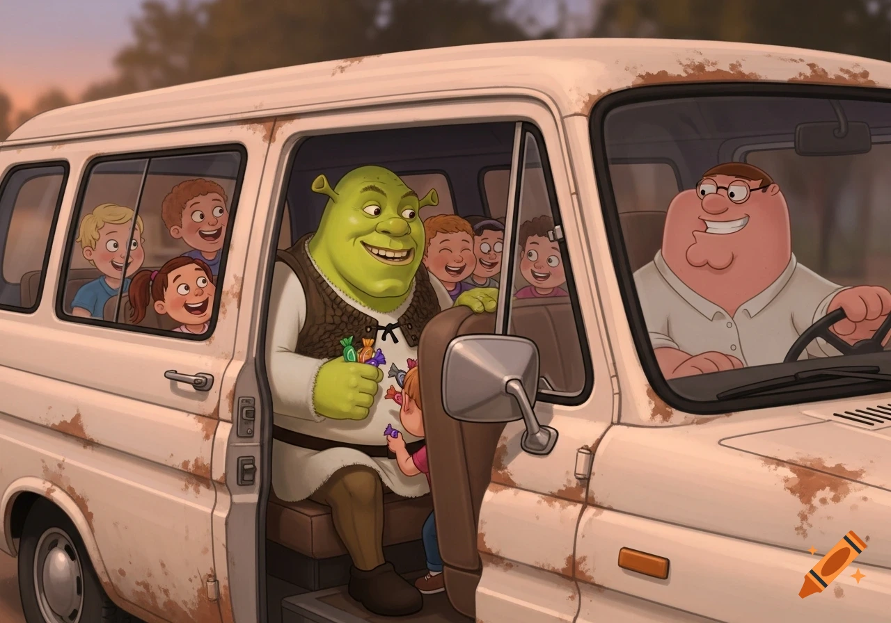 Cartoon image of Peter Griffin driving a rusty white van, Shrek sits in the side door handing candy to laughing children.