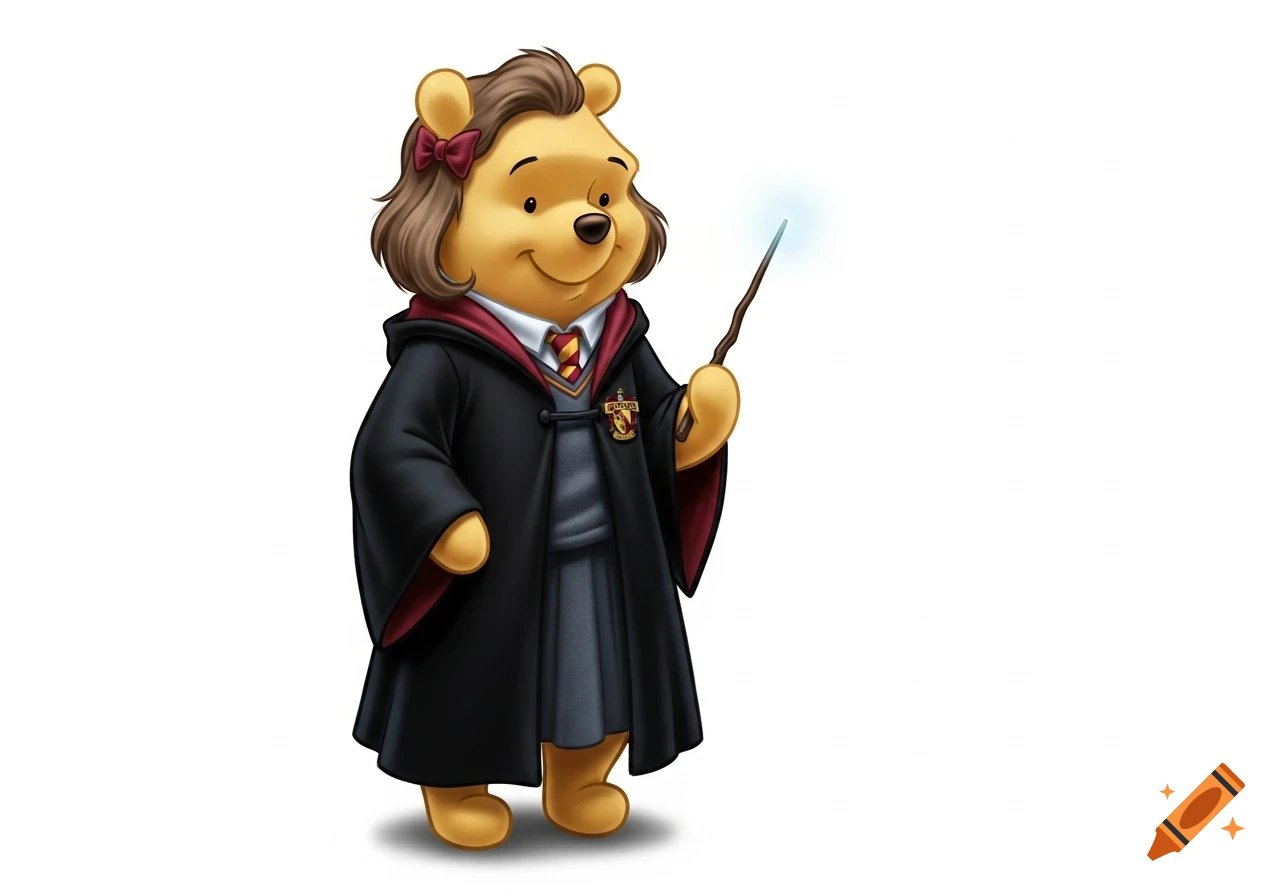 Feminine Winnie the Pooh character wearing a black and red Hogwarts robe, a grey skirt, and a red bow, holding a glowing magic wand.