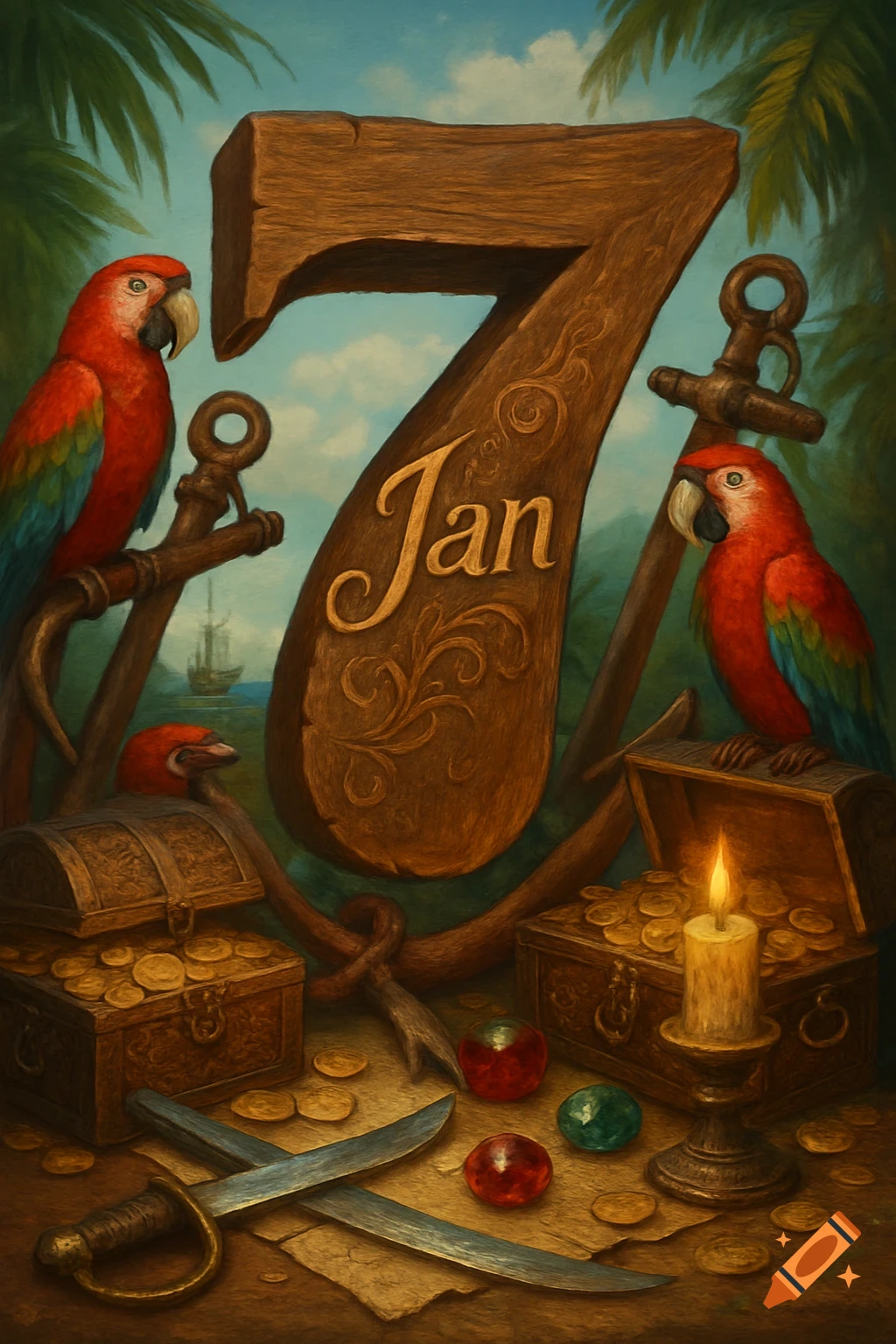 A stylized painting of a large wooden number 7 with "Jan" carved into it, surrounded by pirate treasure, parrots, and anchors.