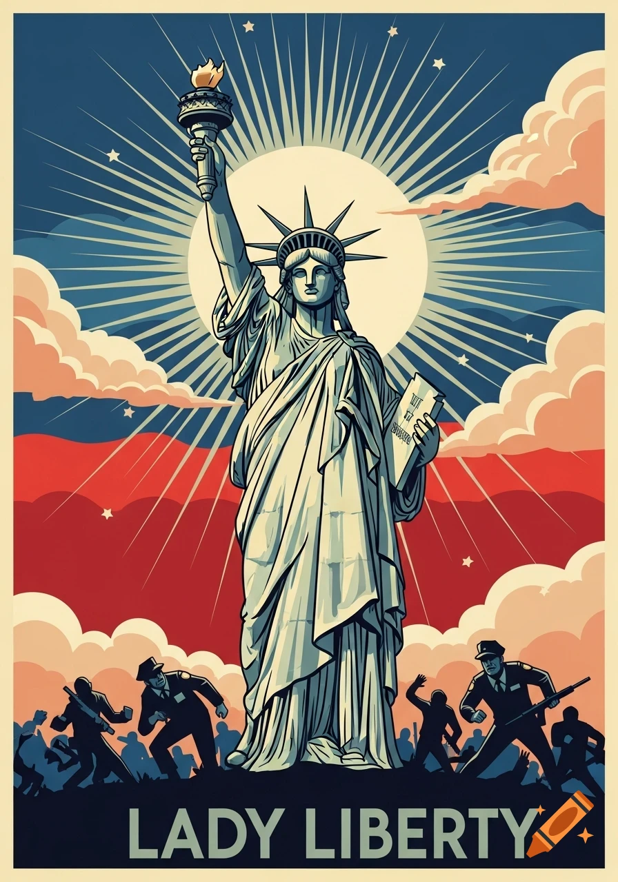Propaganda poster in a WWII-inspired cartoon style depicting Lady Liberty standing tall against a background of red and blue, with men in uniform below her and text "LADY LIBERTY" at the bottom.