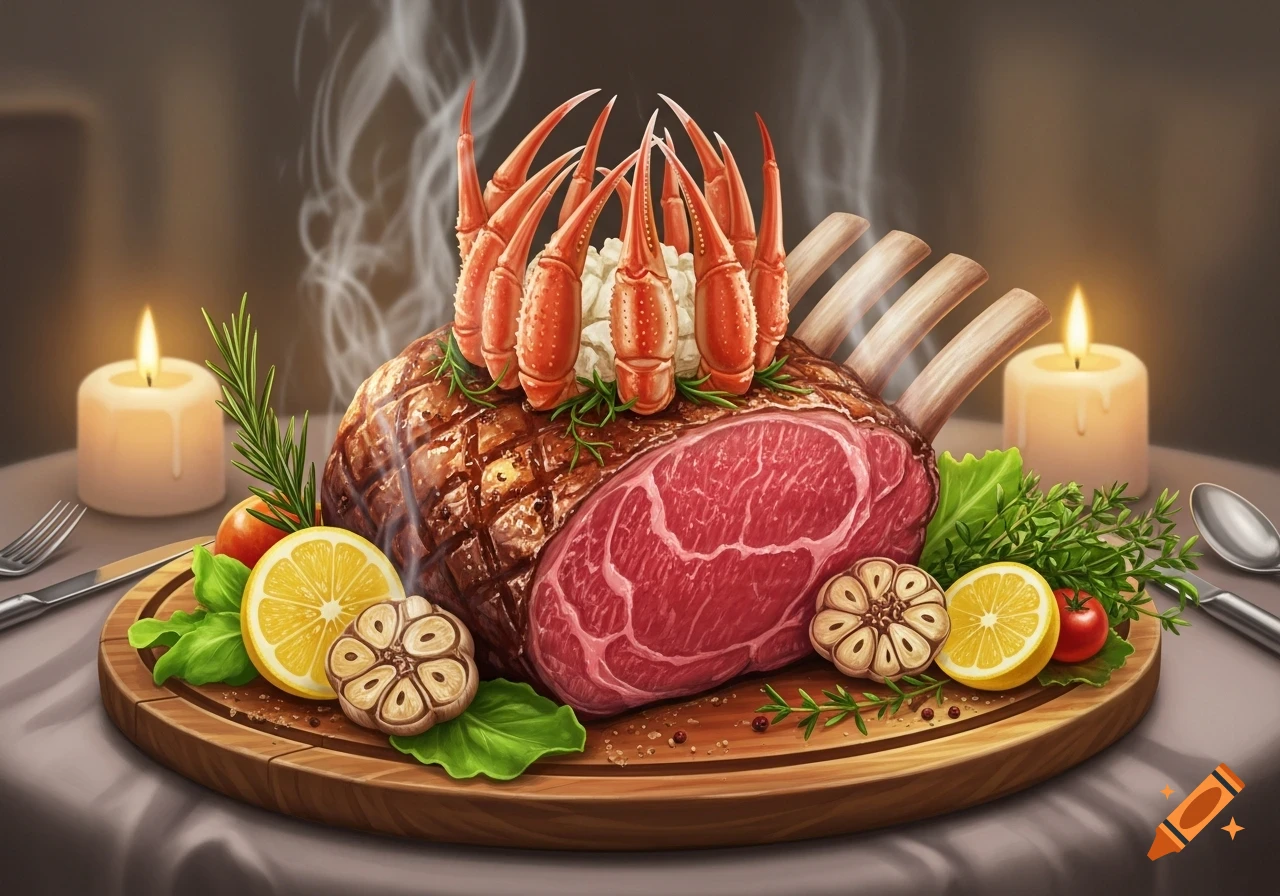 A richly garnished rib roast with crab legs, lemons, garlic, and herbs on a wooden board, flanked by lit candles, presented as a festive meal.