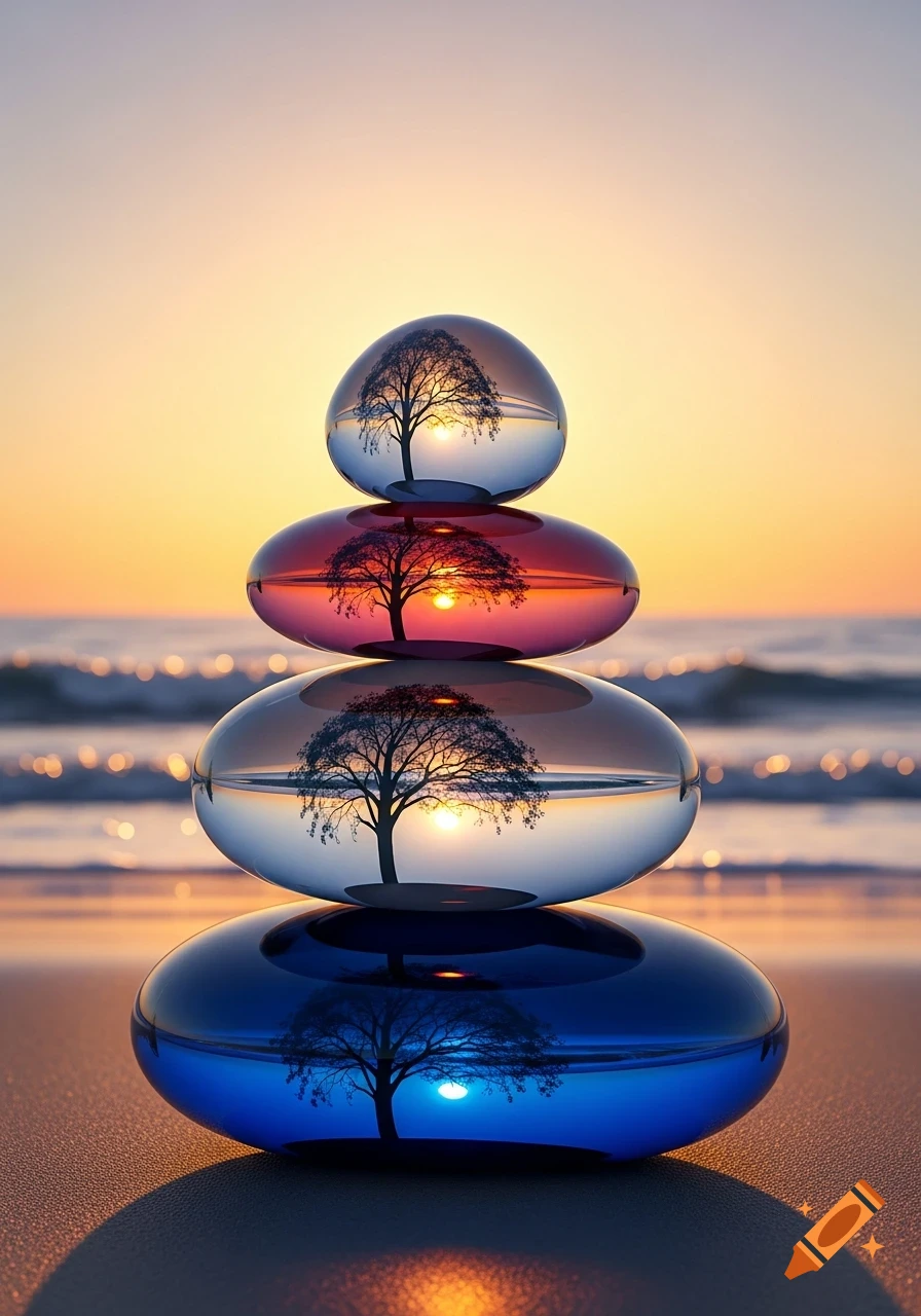 A stack of smooth, translucent, glass-like stones on a beach at sunset, each reflecting a tree silhouette against the colorful sky and ocean.