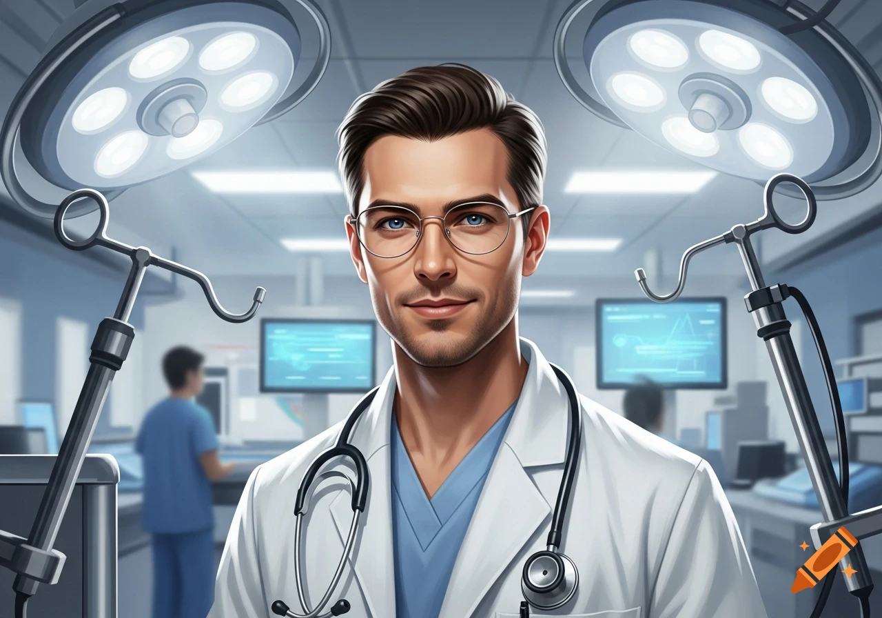 A photorealistic portrait of a smiling male doctor in glasses, lab coat, and stethoscope, in an operating room.