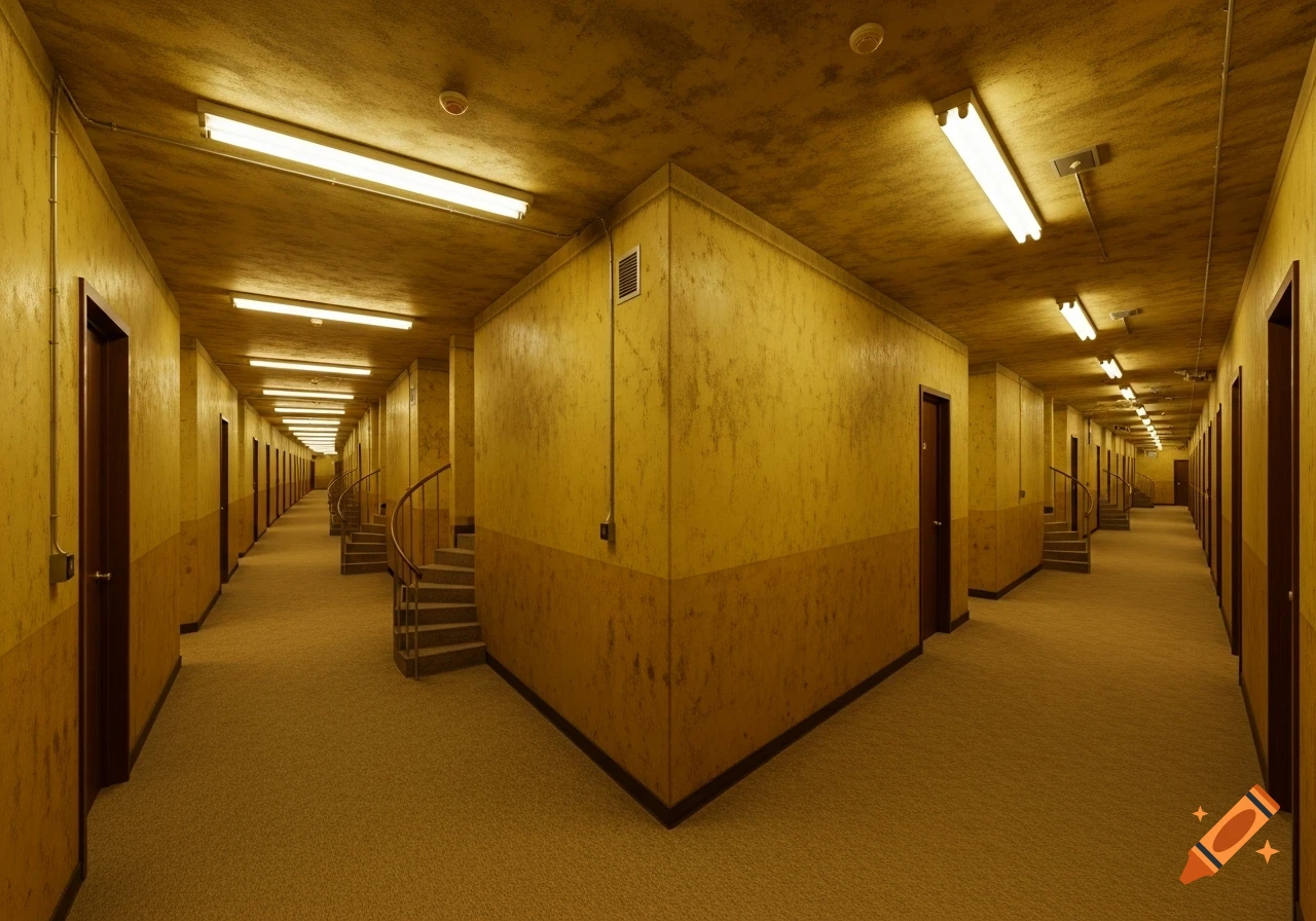 An endless, eerie hallway with mustard yellow walls and ceiling, fluorescent lights, dark brown doors, and a beige carpet, resembling the Backrooms.
