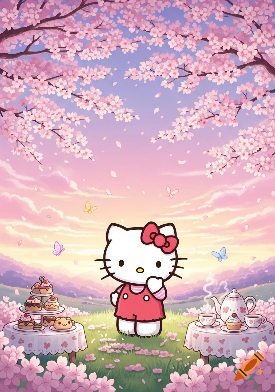 Hello Kitty in a field of pink flowers and cherry blossoms with a tea party setup.
