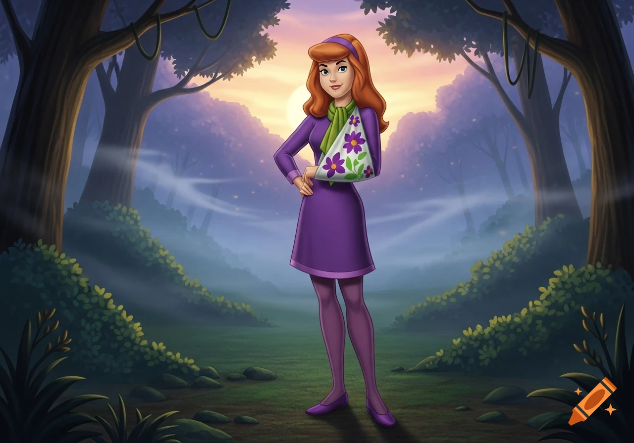 Cartoon Daphne Blake in a purple dress and floral arm sling stands in a misty forest at sunset.