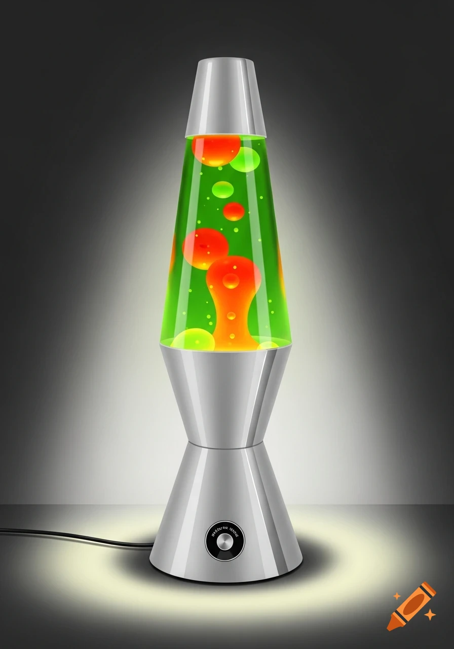 A retro-futuristic lava lamp with a silver conical base, neon green liquid, and orange lava blobs.