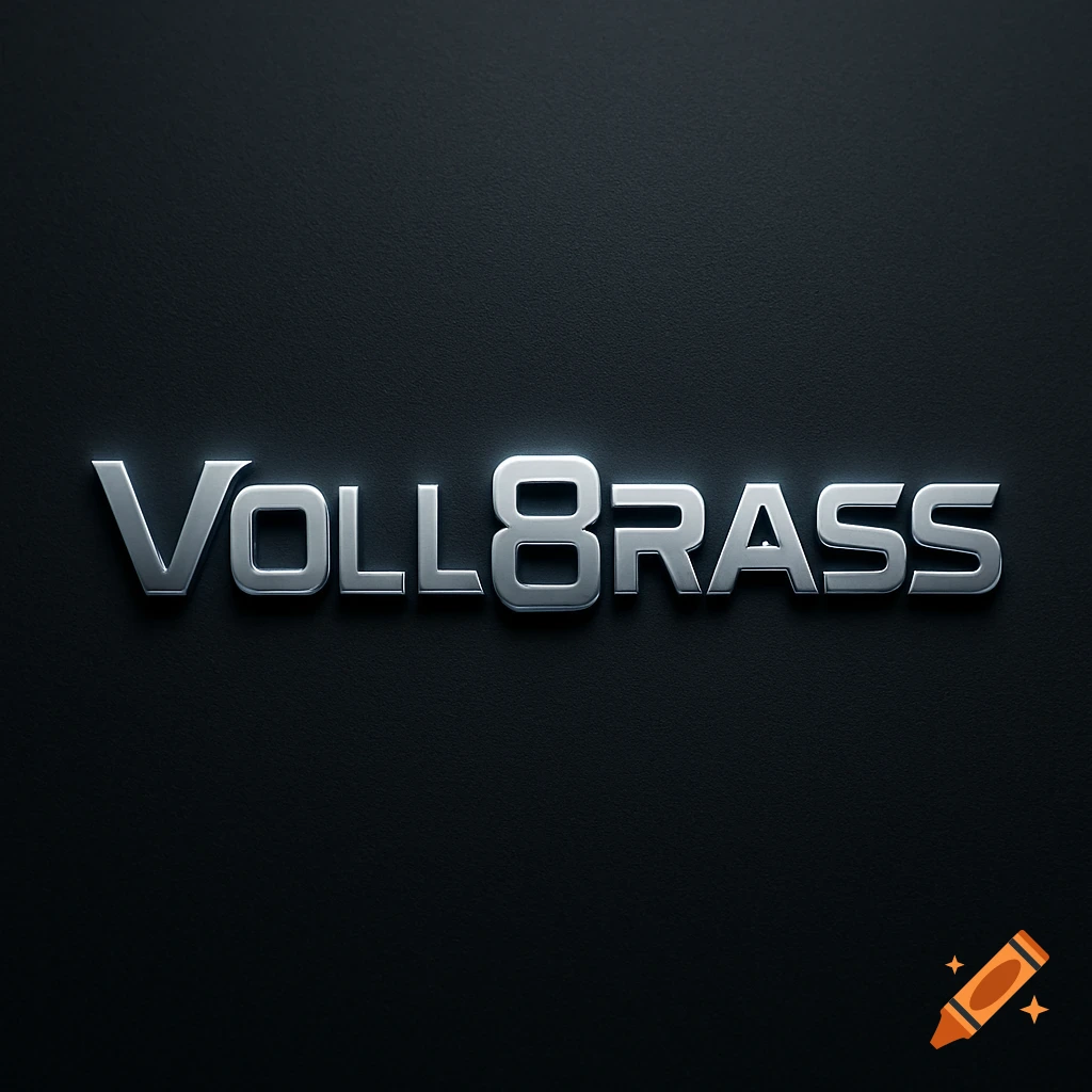 A metallic 3D render of the text 'Voll8rass' on a dark, textured background.