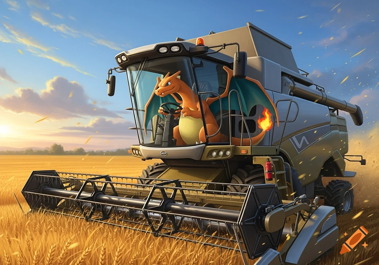 Charizard drives a large combine harvester through a golden wheat field under a blue sky with a setting sun.