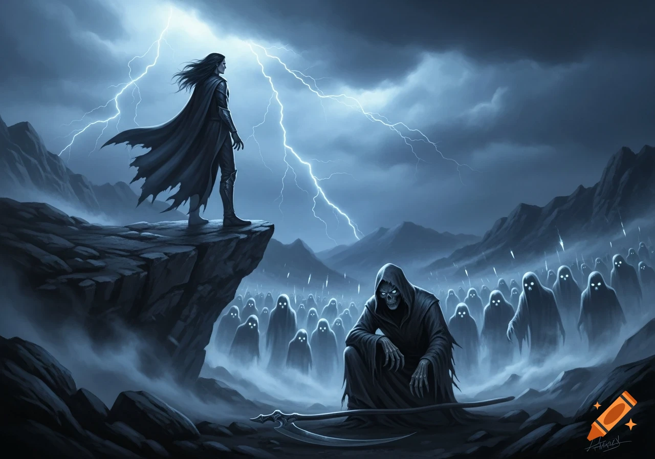 A man on a cliff overlooks the Grim Reaper and an army of glowing ...
