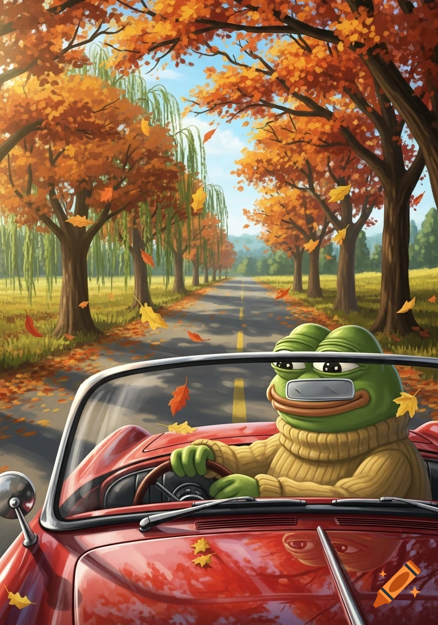 Pepe the frog driving a red convertible on an autumn road lined with orange trees.