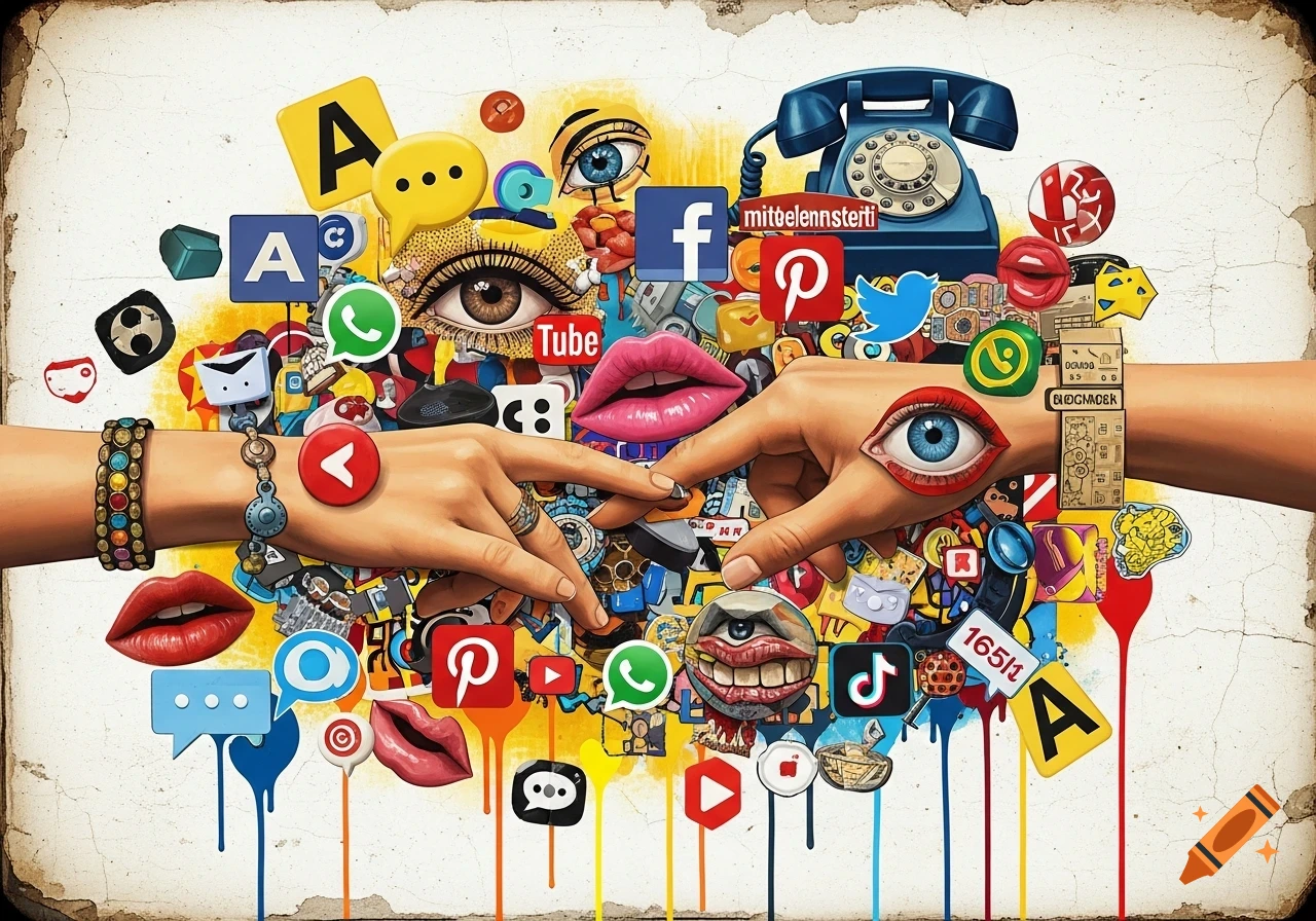 A vibrant surrealistic Pop Art collage features hands, eyes, and lips intertwined with social media logos like Facebook, YouTube, and TikTok, alongside a retro phone and communication symbols, all with paint drips on an old background.