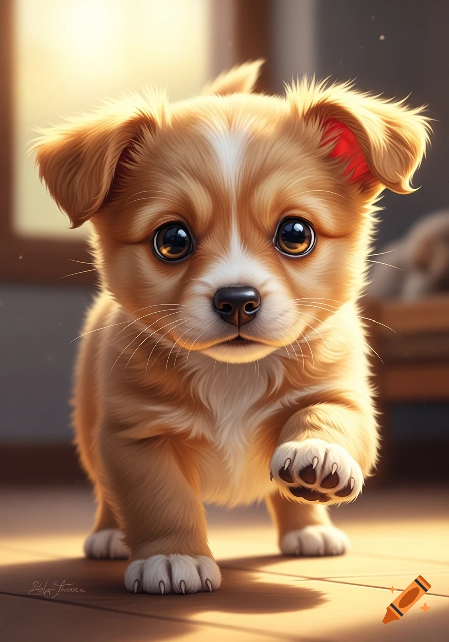 A super cute, fluffy brown and white puppy with big eyes looks directly forward, paw raised, in warm, soft light.