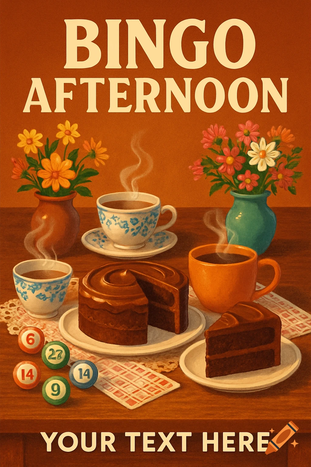 A retro-style poster for 'Bingo Afternoon' showing a table with chocolate cake, steaming tea cups, bingo balls, and flowers.