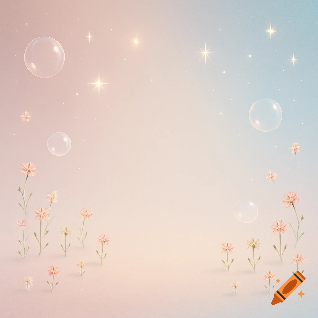 A soft pastel pink and blue gradient background with small pink flowers, shimmering stars, and transparent bubbles floating.