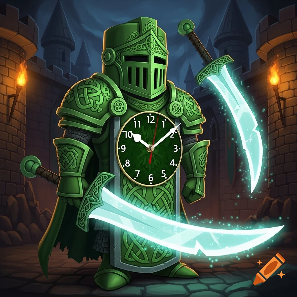 A cartoonish green knight with a clock for a torso and glowing swords stands before a medieval castle.