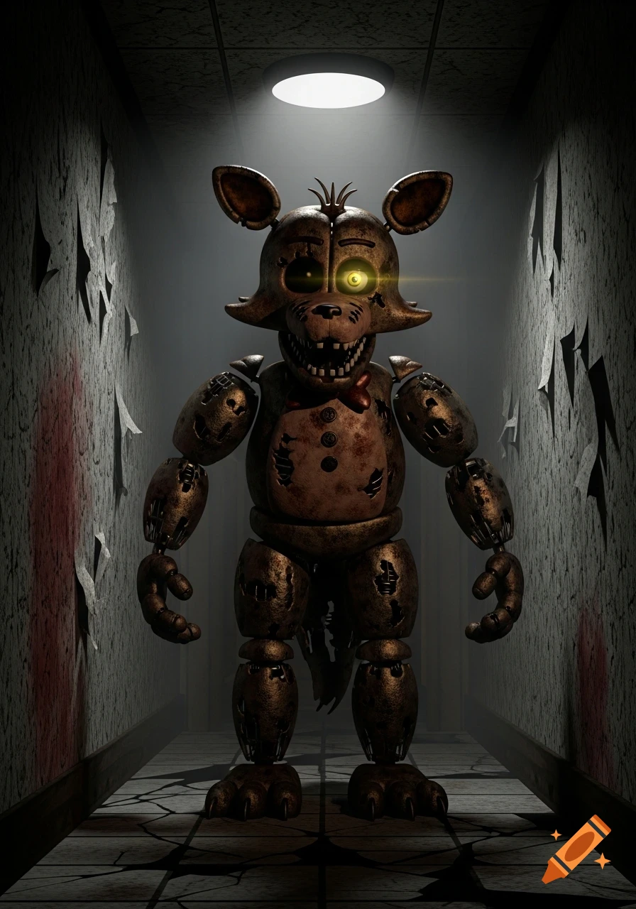 Withered Foxy, a scary animatronic fox with glowing eyes, stands in a dark, distressed hallway under a single light.