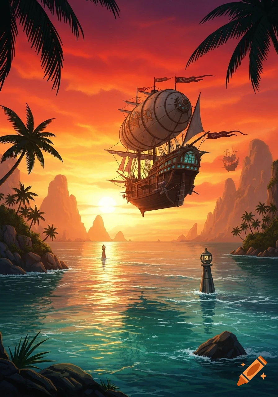 A steampunk airship flies above a tropical bay with palm trees and rocky islands during a vibrant sunset.