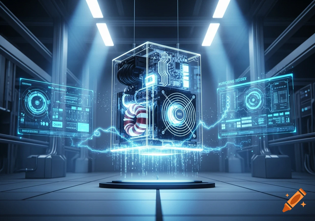 A glowing, futuristic computer power supply unit in a transparent case floats above a platform in a dark, high-tech lab, surrounded by holographic blue interfaces.