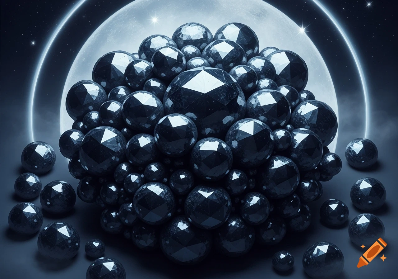 A cluster of faceted black diamonds against a bright full moon and starry night sky with glowing rings.