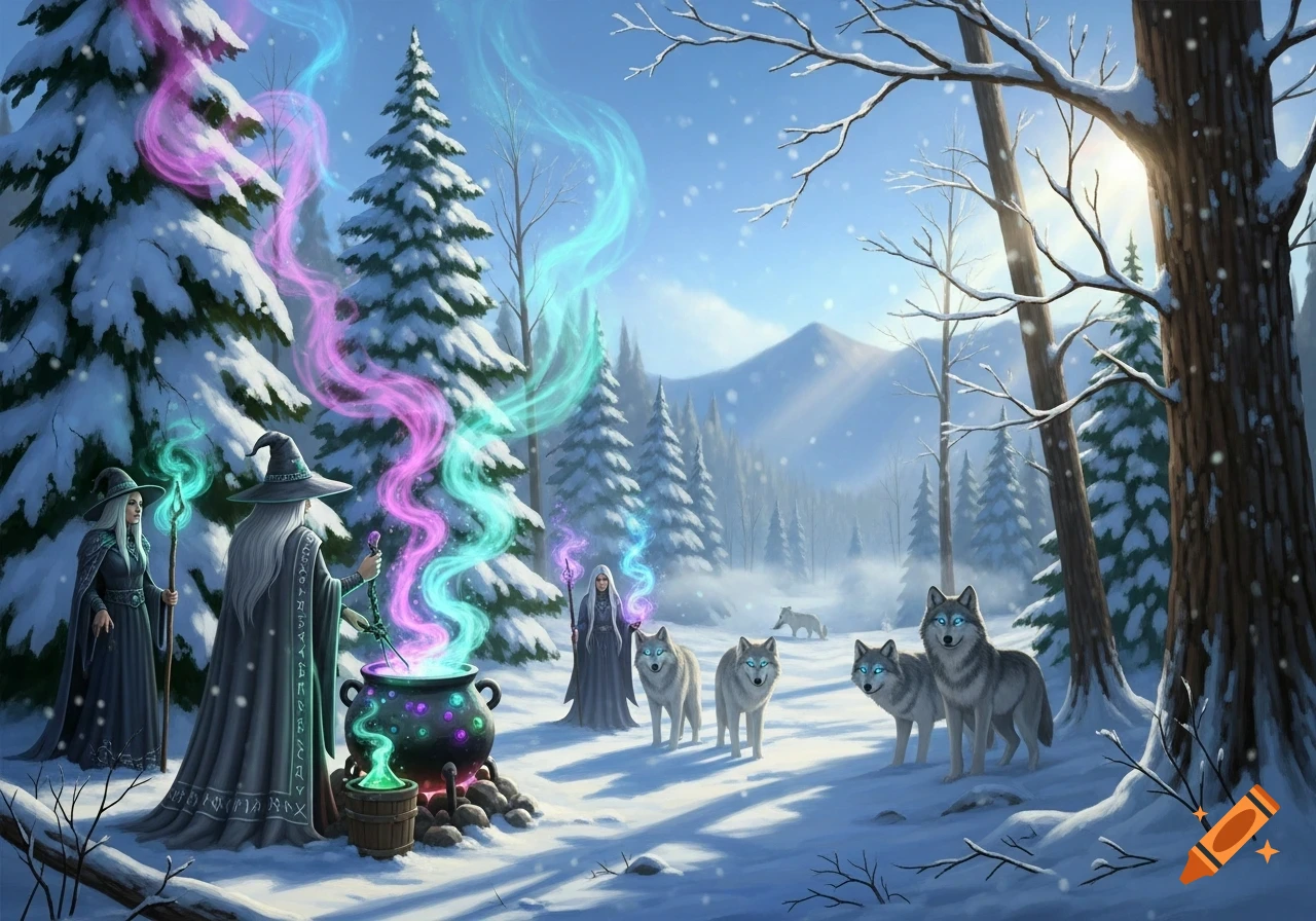 Fantasy illustration of witches with glowing staffs performing magic around a cauldron in a snowy winter forest with wolves.