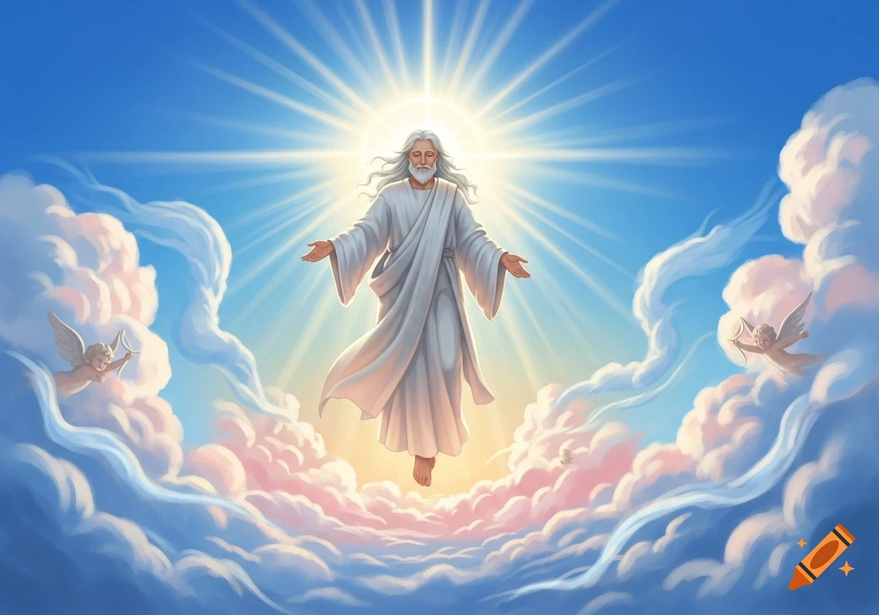 A radiant, white-robed figure with a beard and outstretched arms floats among soft clouds in a bright blue sky, with cherubs.
