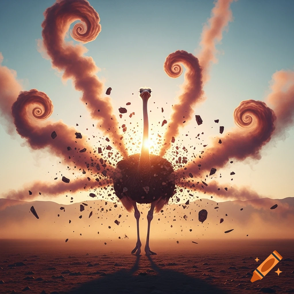 An ostrich stands at sunset in a desert as dirt and smoke explode around it, with spiral clouds in the sky.